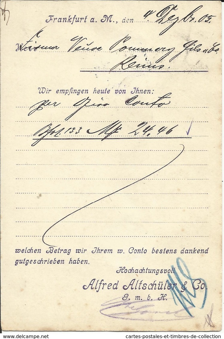 Carte Précurseur , FRANKFURT A. M , 1905 , Cachets De REIMS Et De " Alfred Altschüler " Pour Le CHAMPAGNE POMMERY FILS - Frankfurt A. Main