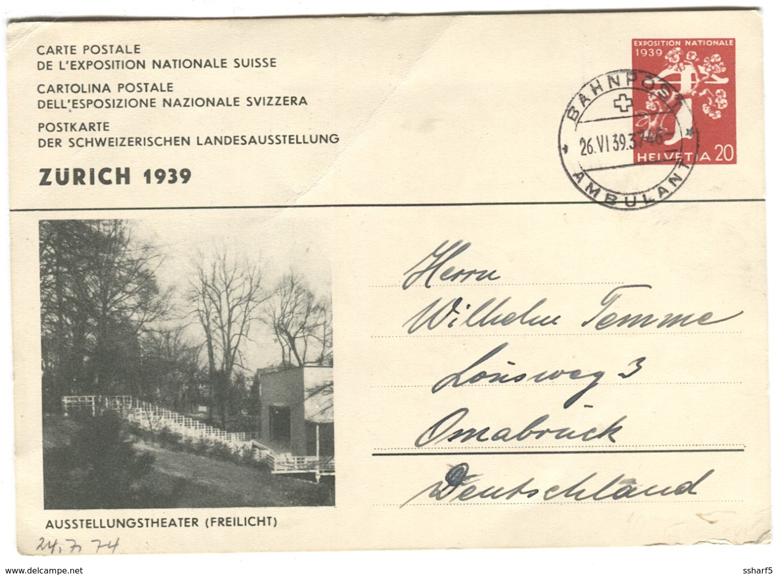 1939 EXPOSITION NATIONALE Suisse 20 R Zürich 1939 Postkarte Mit Bild Ausstellungstheater (Freilich) Nach Deutschland - Ganzsachen