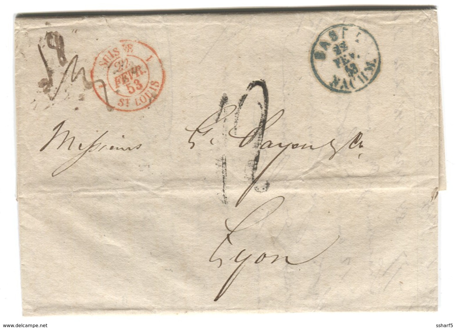 Préphilatelie 1853 Basel => Lyon Letter With Content Blue And Red Postmarks - Covers & Documents