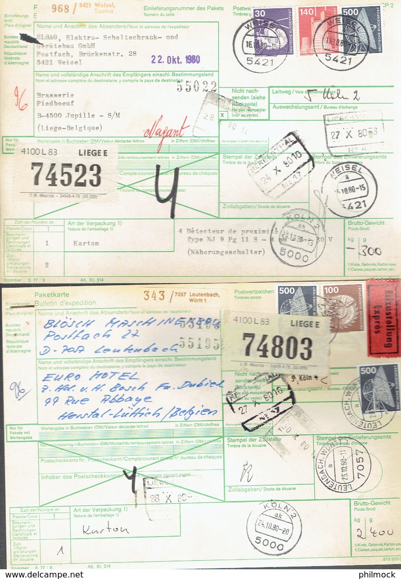 2 International Paketkarte Bahn-RFA Leutenbach Expres Und Weisel Nach Herstal Et Jupille S/M Belgien-siehe Beschreibung - Lettres & Documents