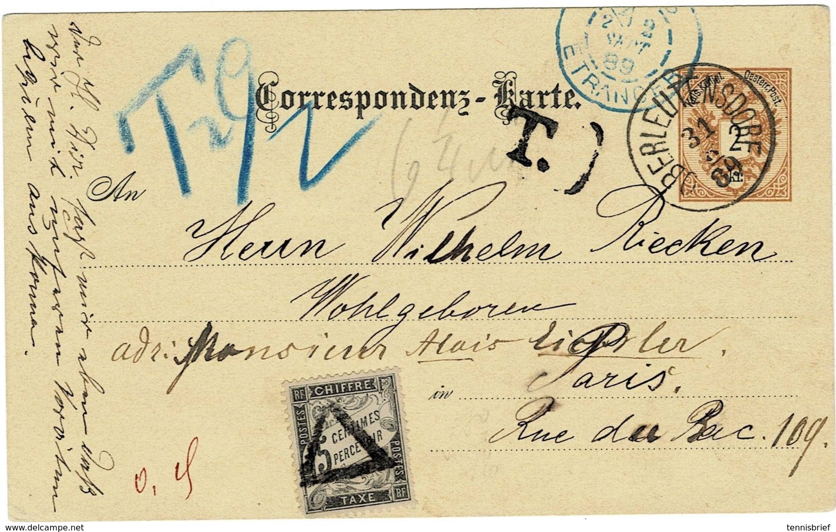 1889, GA Mit Nach- Porto-Frankatur Von Frankreich  , A2868 - Lettres & Documents