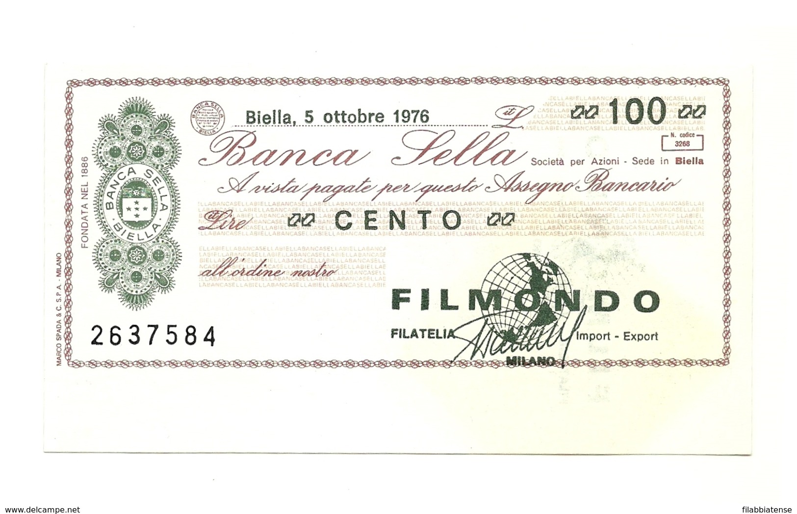 1976 - Italia - Banca Sella - Filatelia FILMONDO - Milano - [10] Assegni E Miniassegni