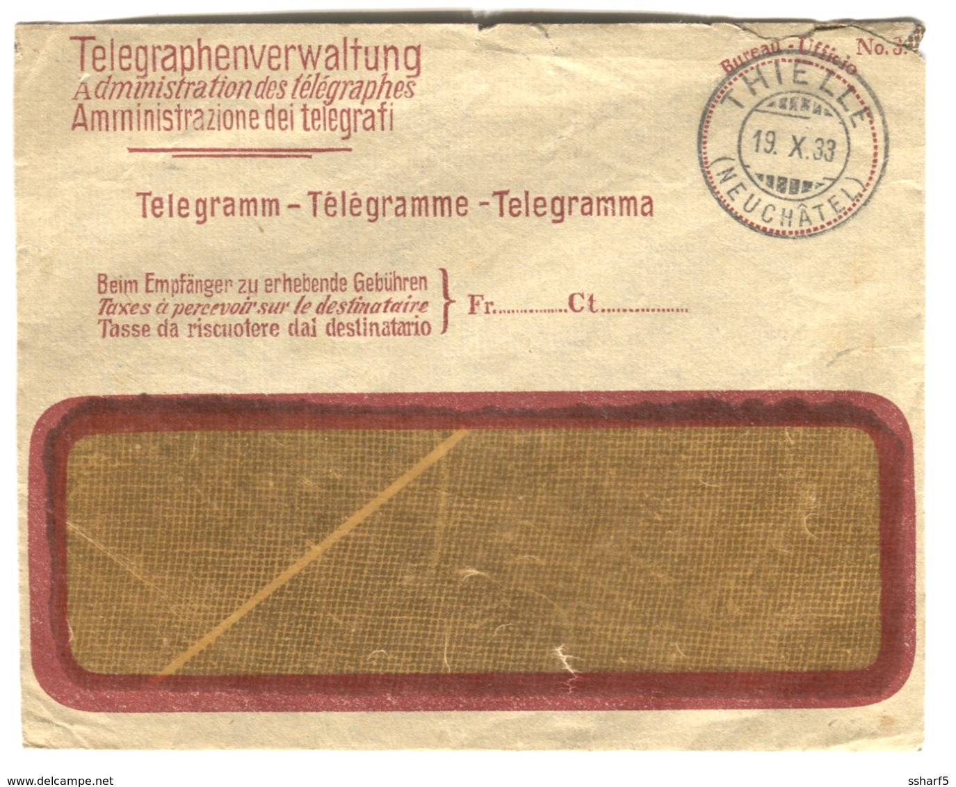 Telegramme Cover THIELLE Neuchâtel 1933 - Telegraafzegels