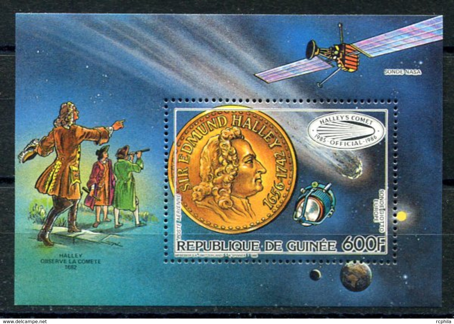 RC 14623 GUINÉE SIR EDMUND HALLY COMETTE ET SATELLITES BLOC FEUILLET NEUF ** MNH TB - República De Guinea (1958-...)