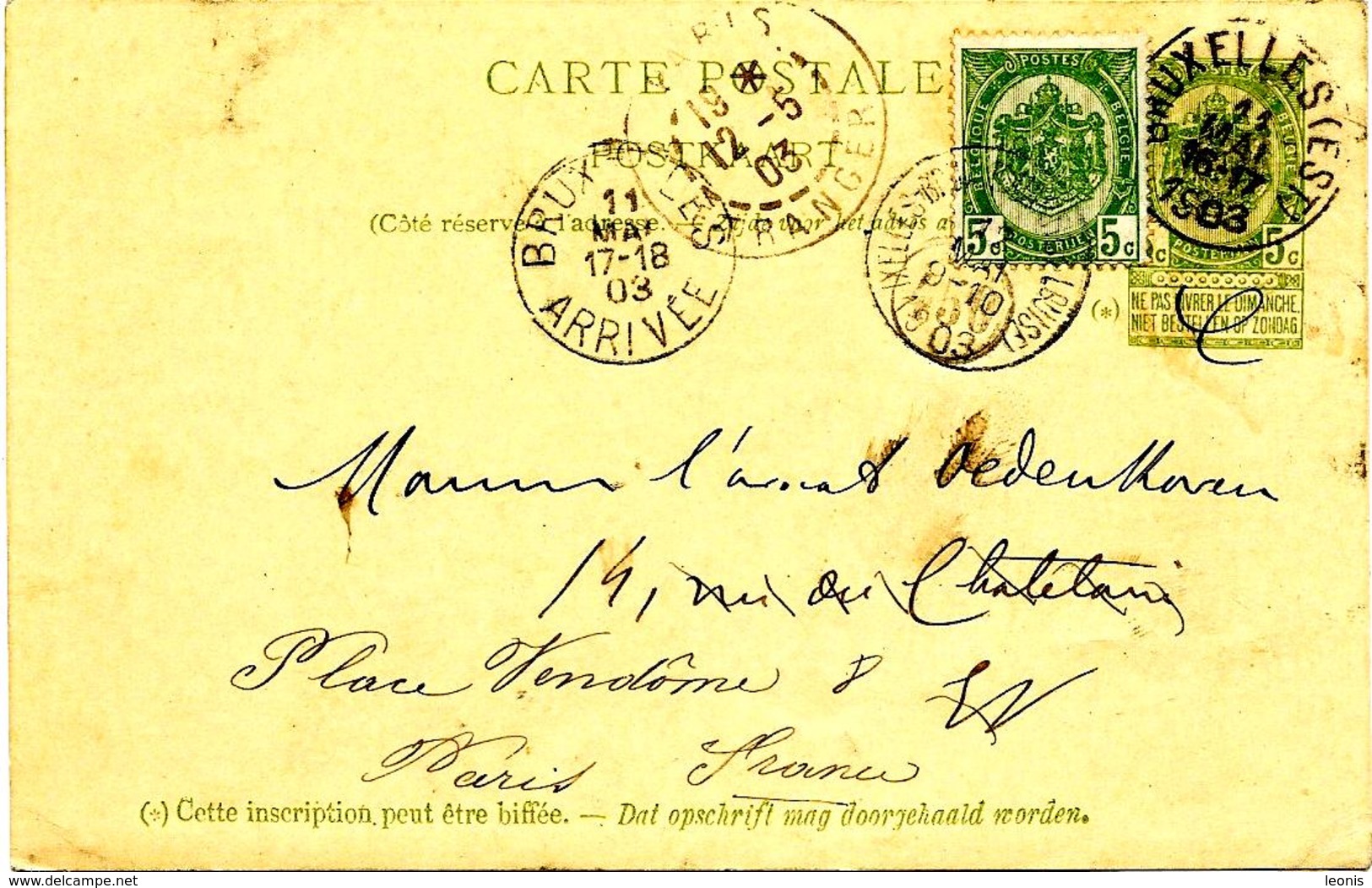 LE 0337. CP 27 BRUXELLES (EST) 11 MAI Vers BXL - REAFFRANCHIE Par N° 56 IXELLES(QUARTIER LOUISE)12 MAI V. Paris. TB - Cartes Postales 1871-1909