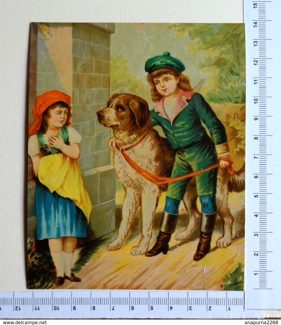 CHROMO LITHOGRAPHIE..GRAND FORMAT.....GARÇON PROMENANT SON CHIEN SAINT BERNARD......PETITE FILLE APEURÉE - Sonstige & Ohne Zuordnung