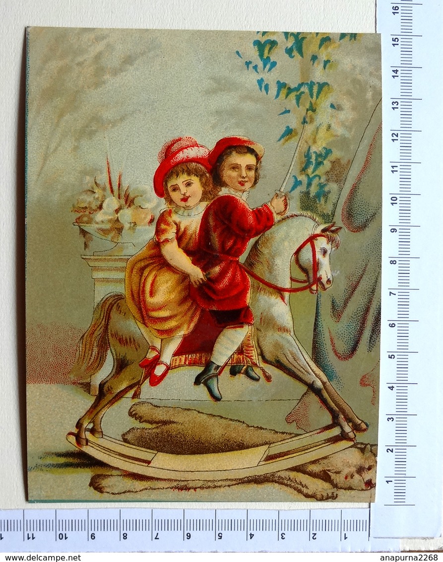 CHROMO LITHOGRAPHIE..GRAND FORMAT....2 .ENFANTS ....SUR UN CHEVAL DE BOIS A BASCULE - Autres & Non Classés