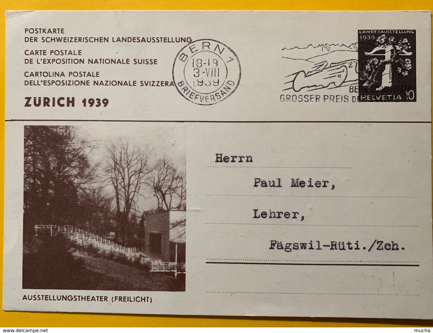 9329 - Entier Postal Landesausstellung Zürich 1939 Ausstellungstheater 10 Ct Bern 3.08.1939 - Entiers Postaux
