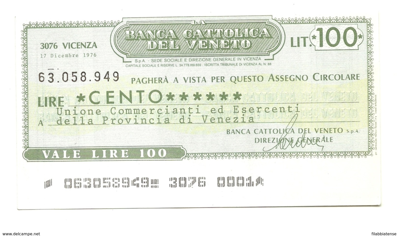 1976 - Italia - Banca Cattolica Del Veneto - Unione Commercianti Ed Esercenti Della Provincia Di Venezia ---- - [10] Assegni E Miniassegni