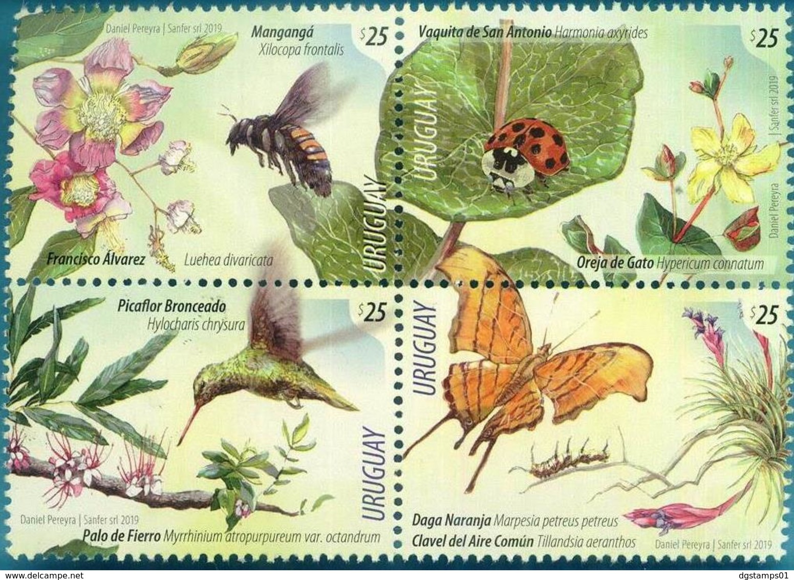 Uruguay 2019 ** Serie Primavera: Flores Con Aves E Insectos. Picaflor, Mariposa, Cochinita, Clavel, Mangangá. - Farfalle