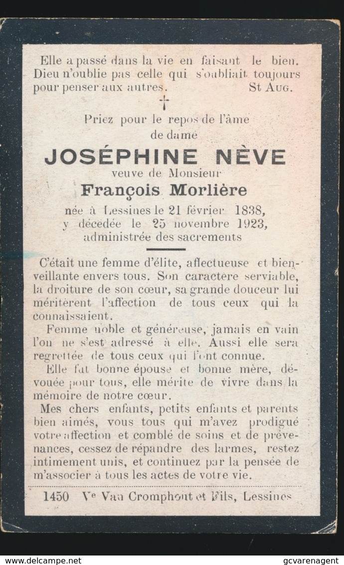 JOSEPHINE NEVE - LESSINES 1838 - 1923   2 SCANS - Obituary Notices