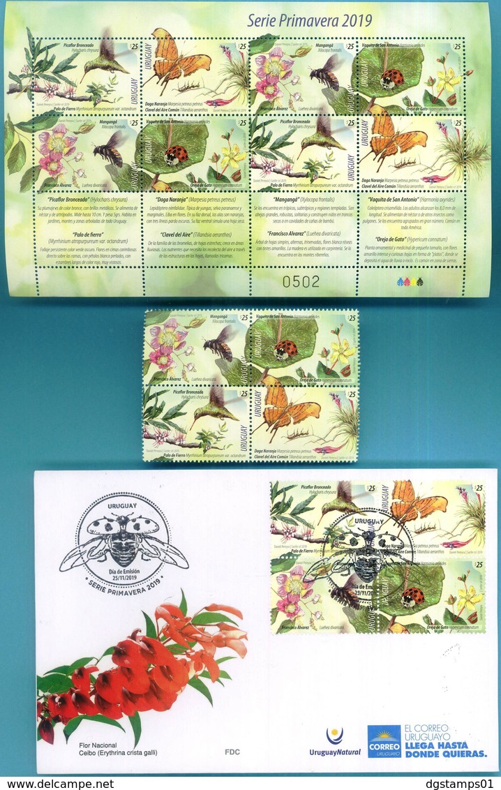 Uruguay 2019 ** Serie, MP, SPD Primavera: Flores Con Aves E Insectos. Picaflor, Mariposa, Cochinita, Clavel, Mangangá. - Altri & Non Classificati