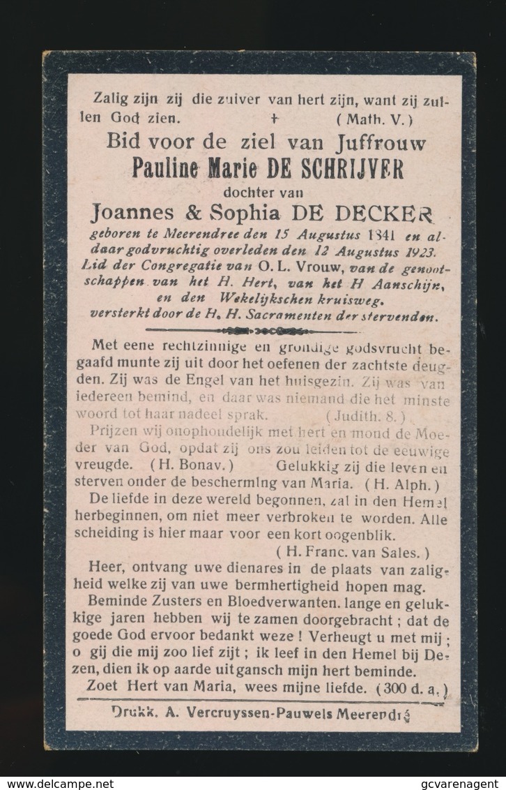 PAULINE DE SCHRIJVER  MERENDREE 1841 - 1923 - Obituary Notices