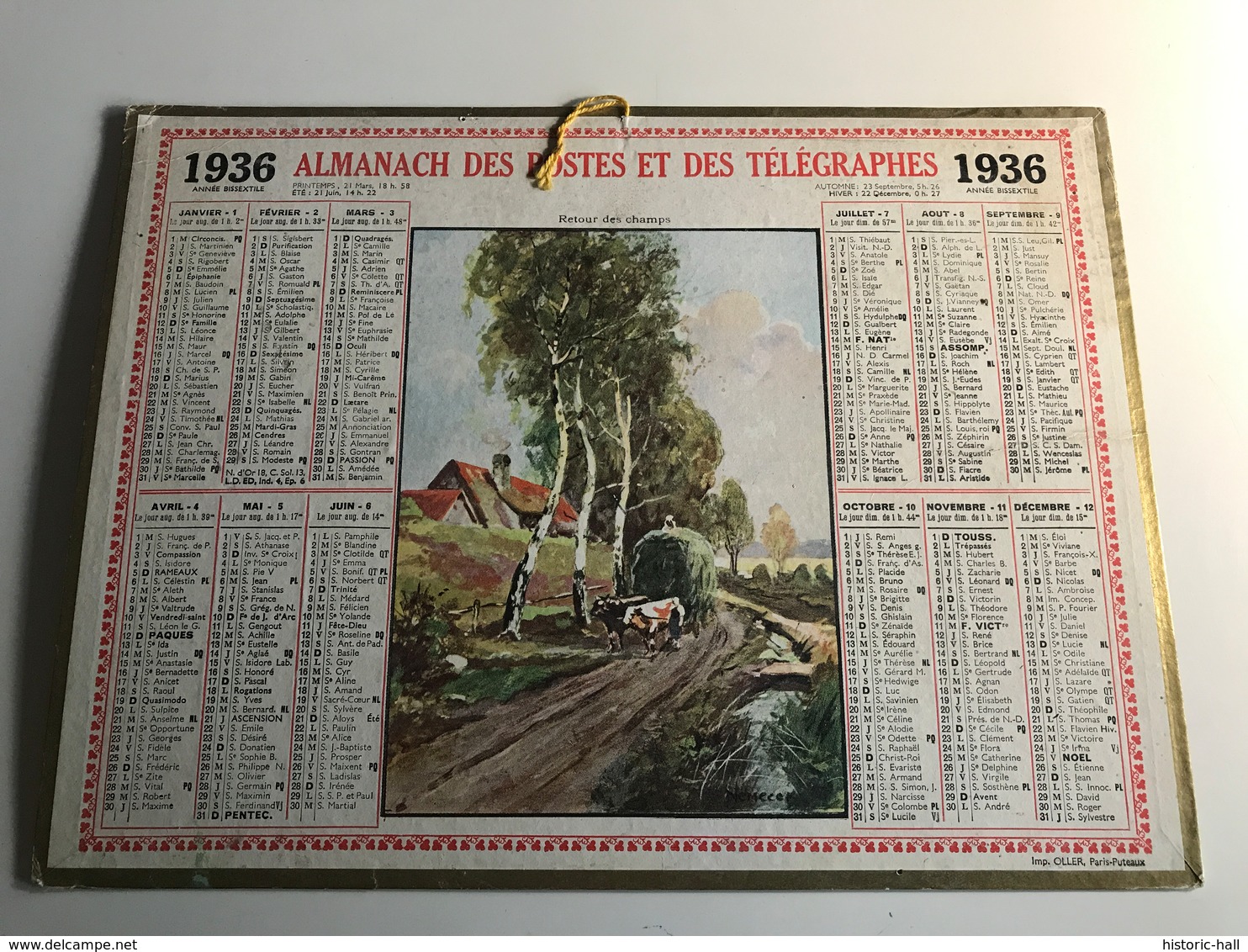 Calendrier Almanach Des Postes Et Des Telegraphes AIN - 1936  « retour Des Champs » Aquarelle - Grand Format : 1921-40