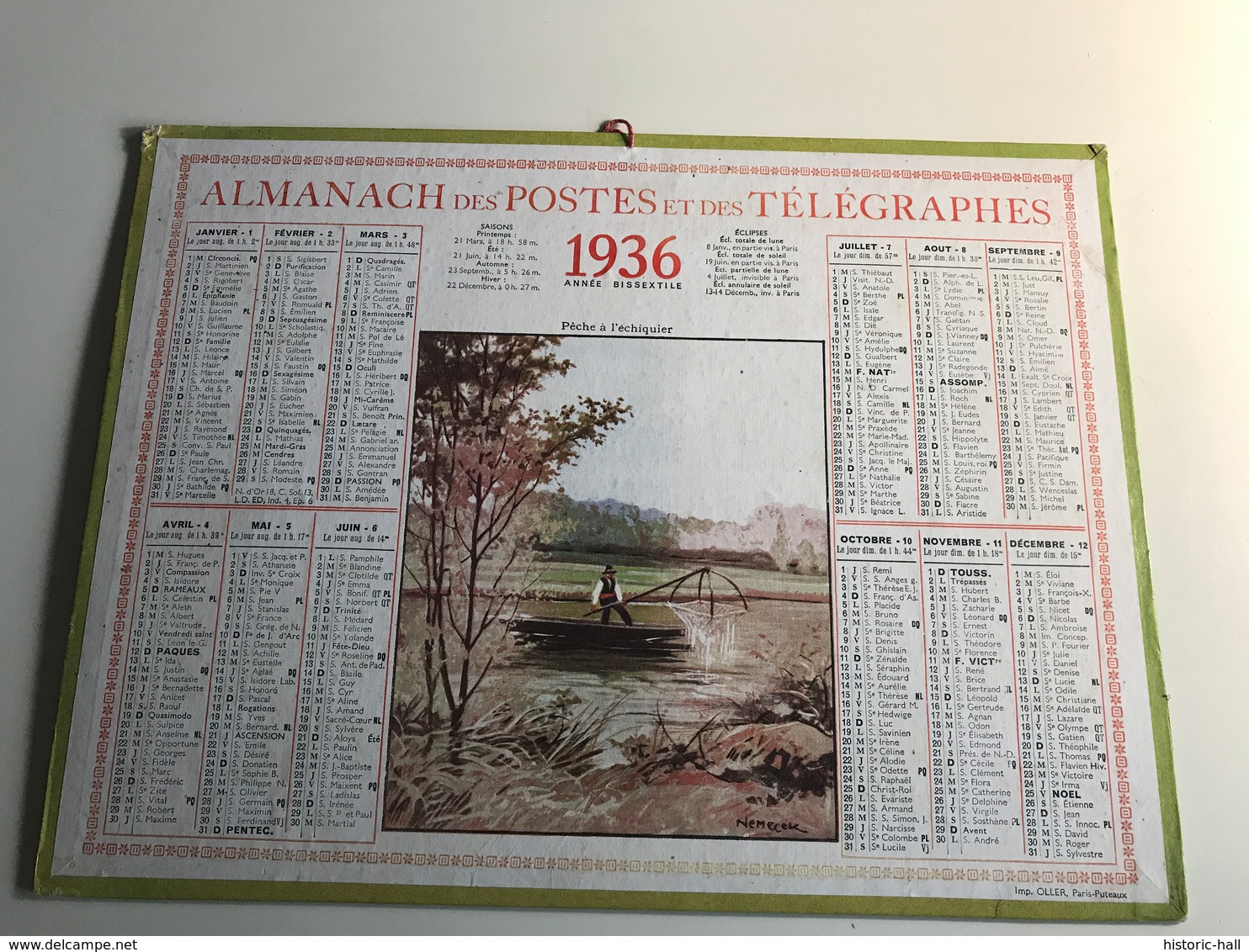 Calendrier Almanach Des Postes Et Des Telegraphes AIN - 1936  « peche à L’échiqier » Aquarelle - Grand Format : 1921-40