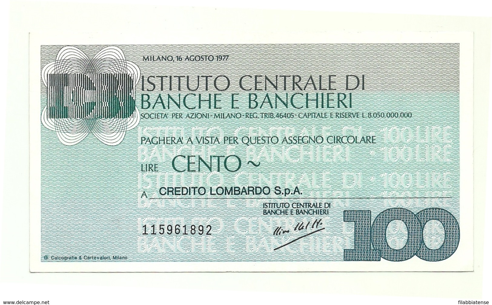 1977 - Italia - Istituto Centrale Di Banche E Banchieri - Credito Lombardo S.p.A. ---- - [10] Assegni E Miniassegni