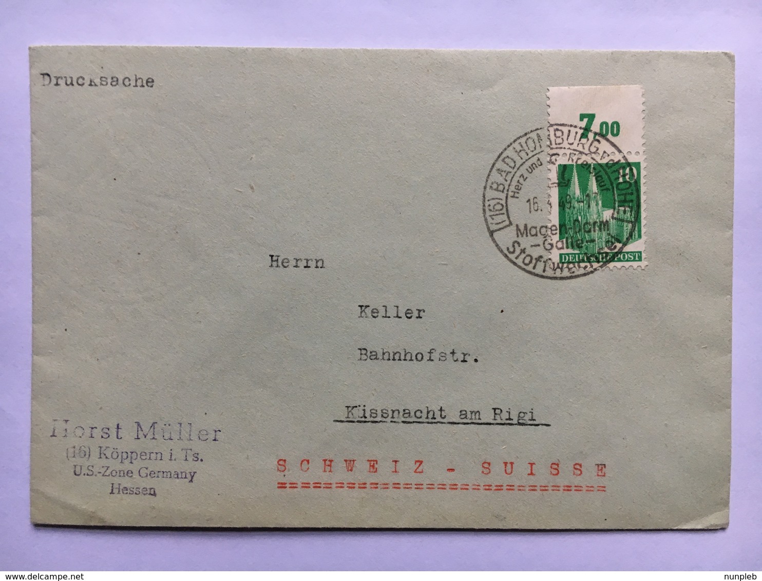 GERMANY 1949 Cover Bad Homburg Handstamp To Kussnacht Am Rigi Switzerland - Altri & Non Classificati