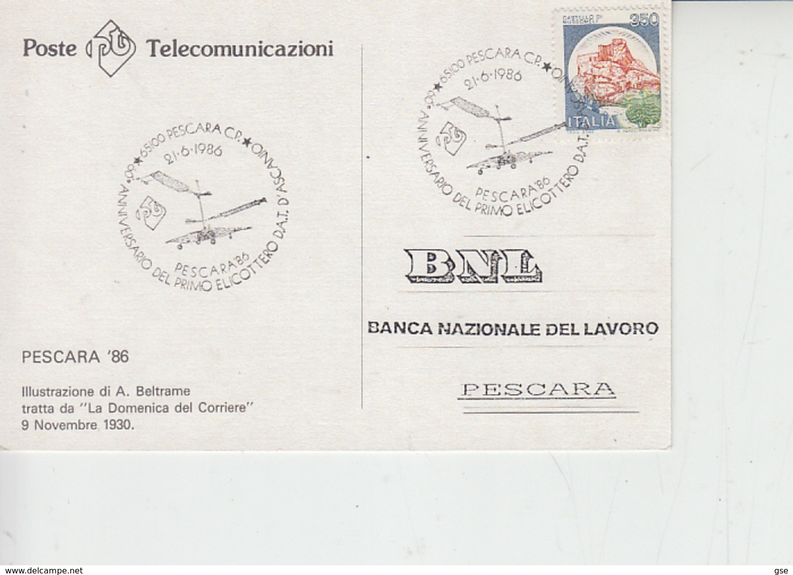 ITALIA  1986 - Annullo Speciale Illustrato - Primo Elicottero - Elicotteri