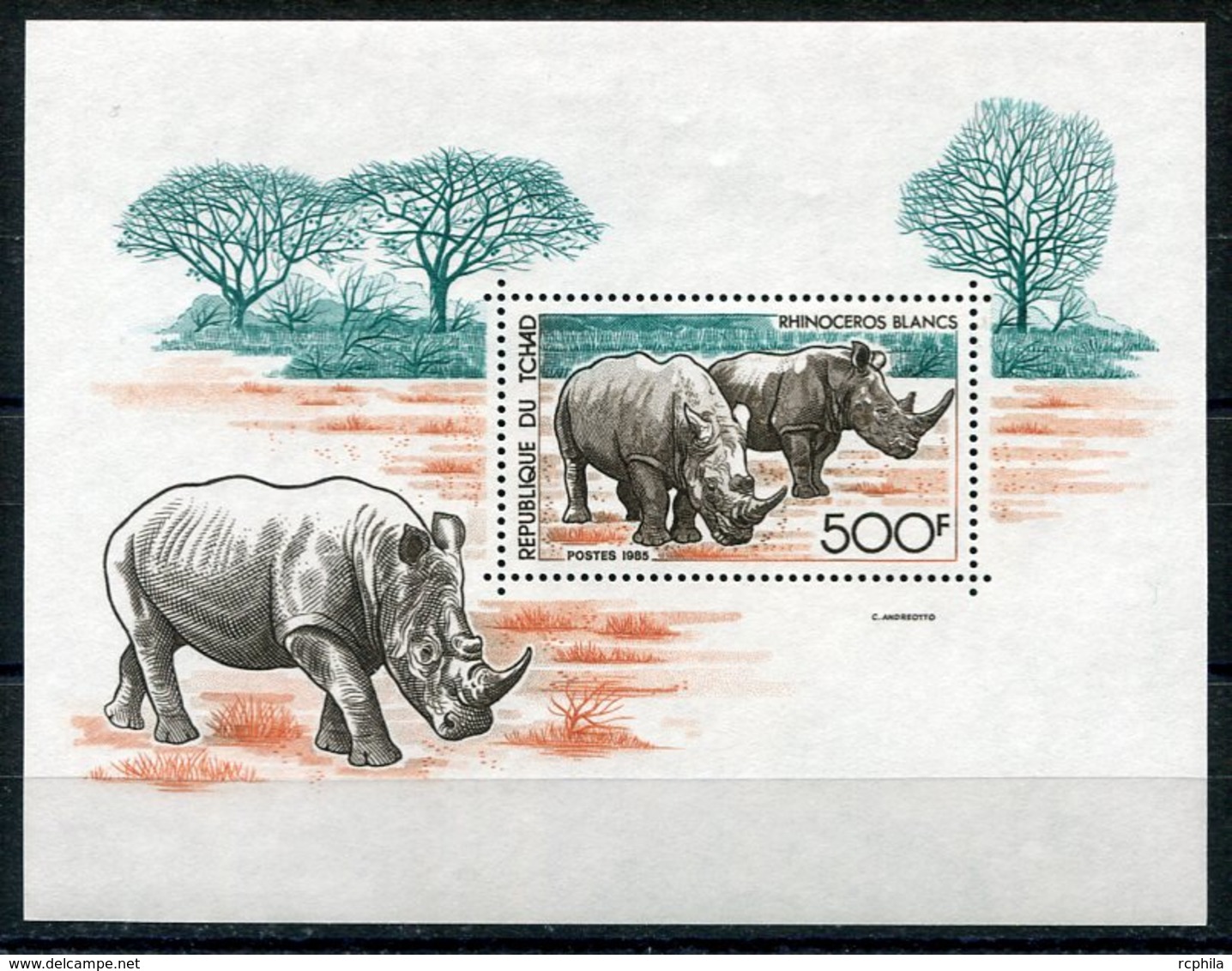 RC 14642 TCHAD RHINOCEROS BLANCS BLOC FEUILLET NEUF ** MNH TB - Tsjaad (1960-...)