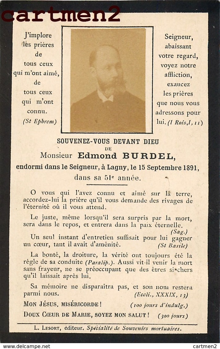 FAIRE-PART DE DECES EDMOND BURDEL LAGNY-SUR-MARNE SEINE-ET-MARNE 77 IMAGE PIEUSE - Décès