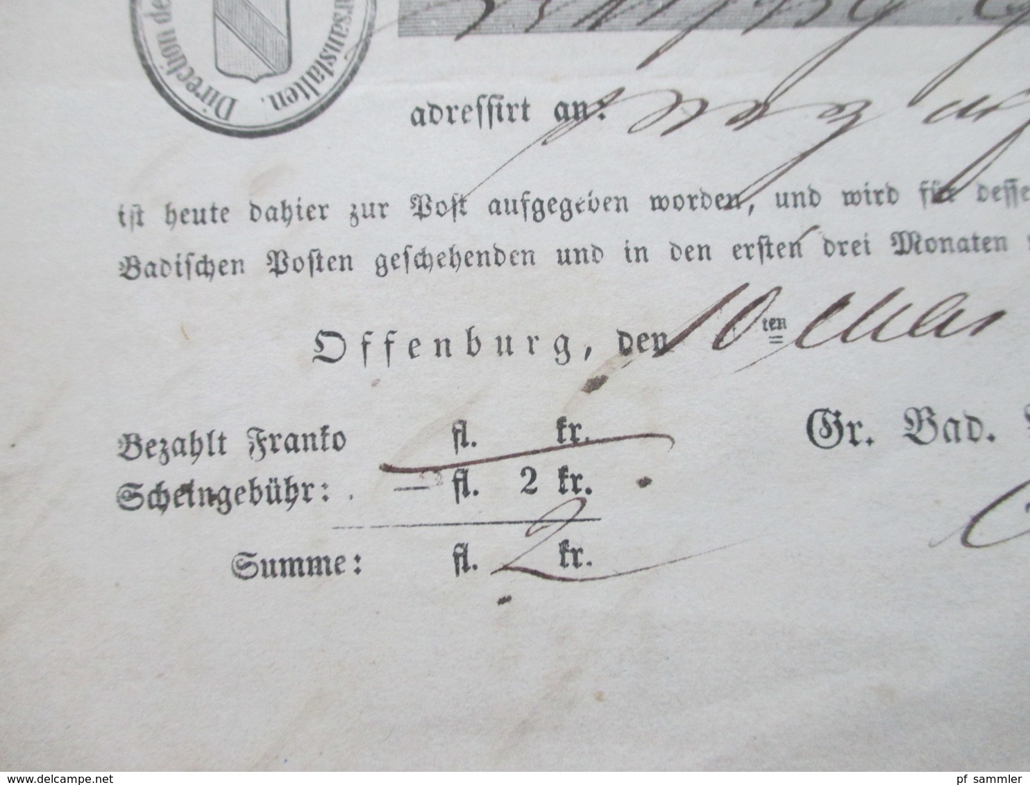 Altdeutschland 1871 Baden Postschein Direction Der Grosh. Badischen Verkehrsanstalten / Fahrpost Offenburg - Freiburg - Storia Postale