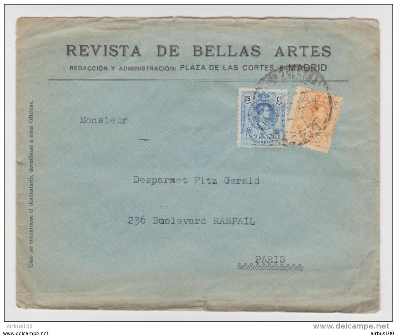 LETTRE REVISTA DE BELLAS ARTES MADRID VERS PARIS FRANCE - 2 Scans - - Lettres & Documents