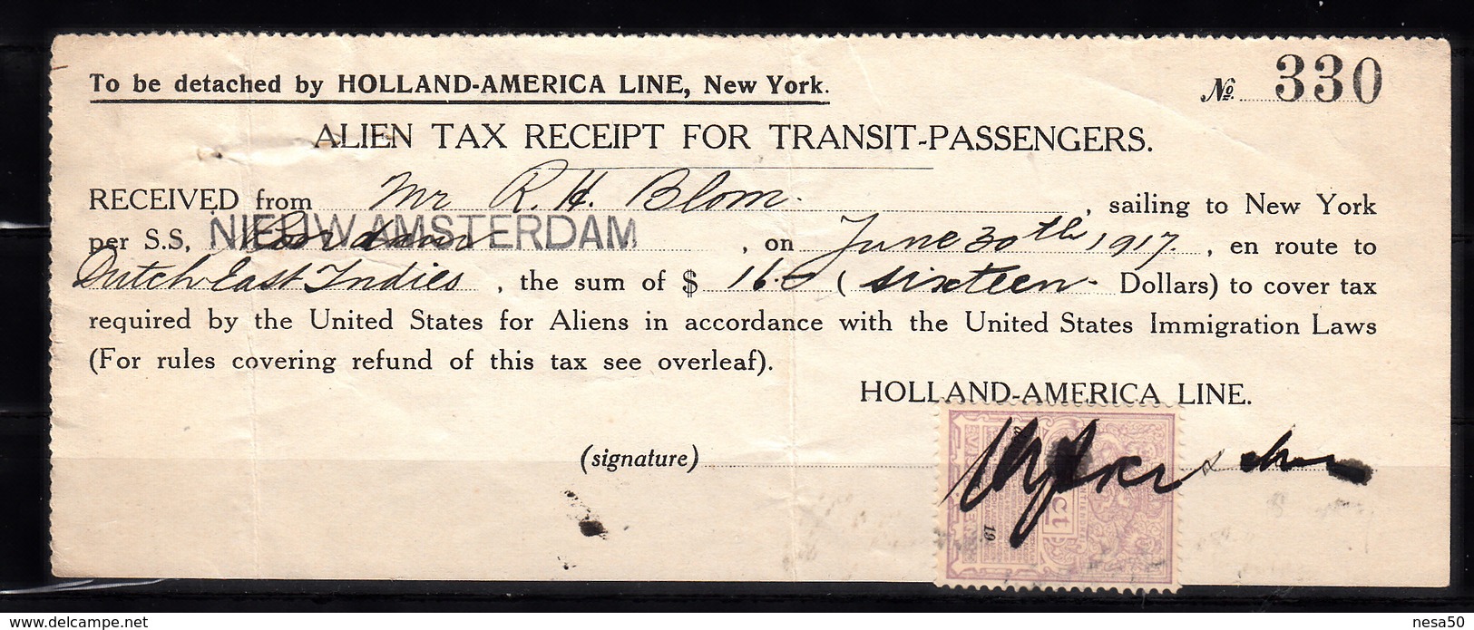 USA New York Holland America Line, Alien Tax, Belasting, 30-6-1917, $ 16,00,  Belastingzegel - Revenue Stamps