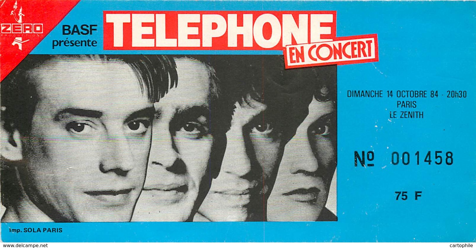 Ticket De Concert - Groupe De Rock Telephone - 14 Octobre 1984 - Zenith De Paris - Jean-Louis Aubert - Tickets De Concerts