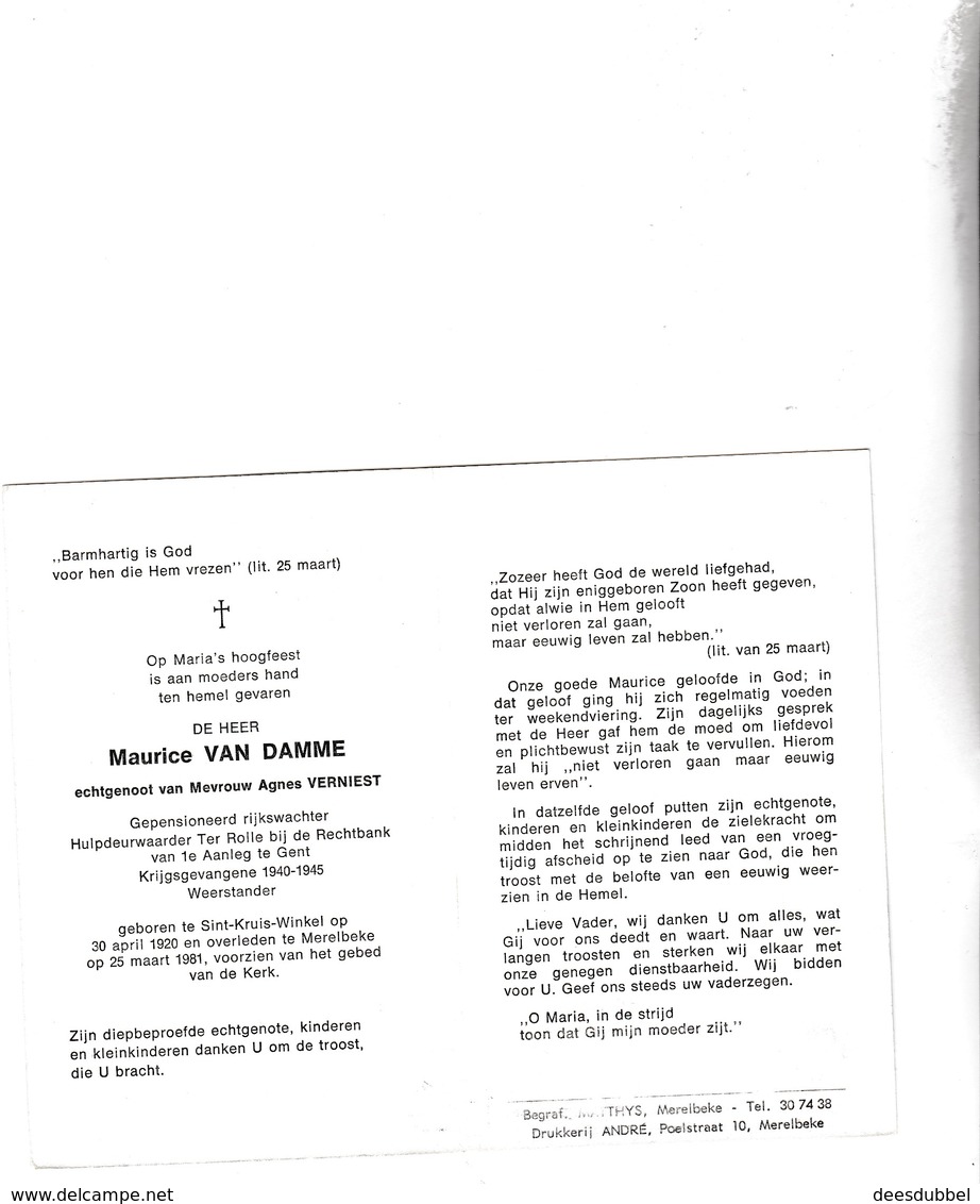 RIJKSWACHTER M.VAN DAMME °ST.KRUIS WINKEL 1920 +MERELBEKE 1981 (A.VERNIEST) - Images Religieuses