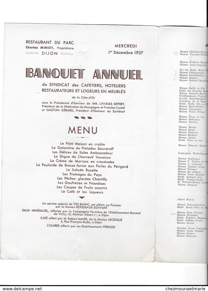 1937 DIJON RESTAURANT DU PARC CHARLES MINOT - CAFETIERS HOTELIERS LOGEURS - MENU COTE D OR - Menükarten