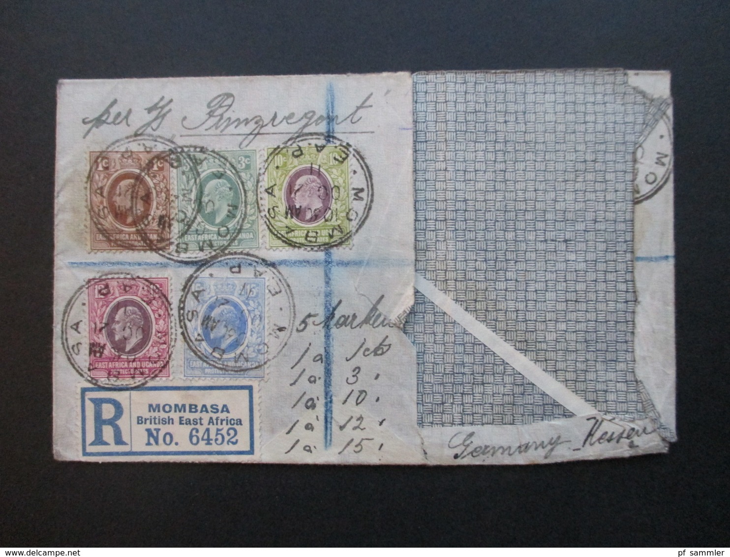 GB Kolonie Uganda Beleg Mit 5 Marken Stempel Mombasa Registered Mail Mombasa British East Africa Per SS Prinzregent Luit - Herrschaften Von Ostafrika Und Uganda