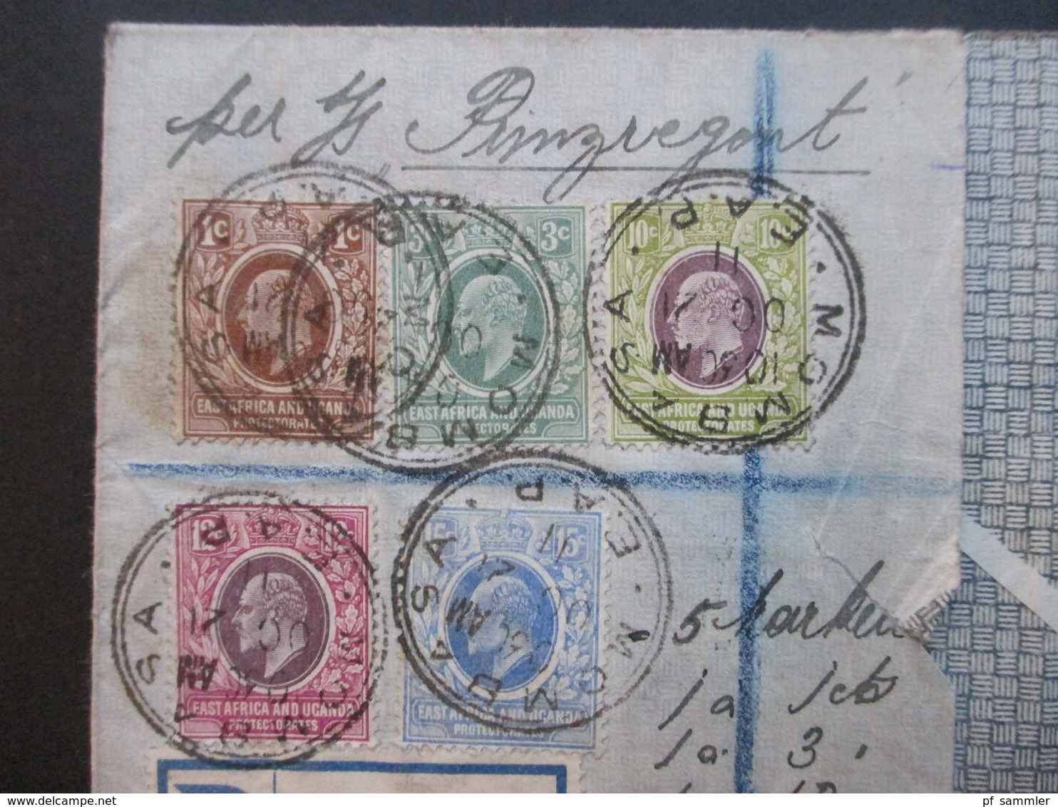 GB Kolonie Uganda Beleg Mit 5 Marken Stempel Mombasa Registered Mail Mombasa British East Africa Per SS Prinzregent Luit - Herrschaften Von Ostafrika Und Uganda