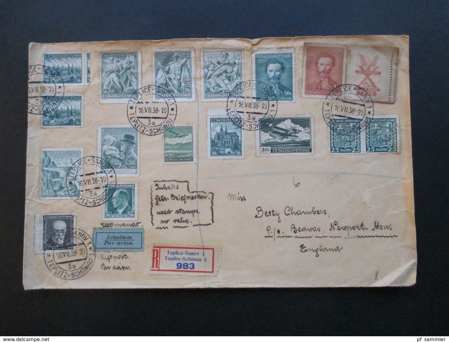 CSSR 1938 Beleg Mit 16 Marken Per Luftpost Letadlem Einschreiben Teplice Sanov 1 Nach Newport England - Lettres & Documents