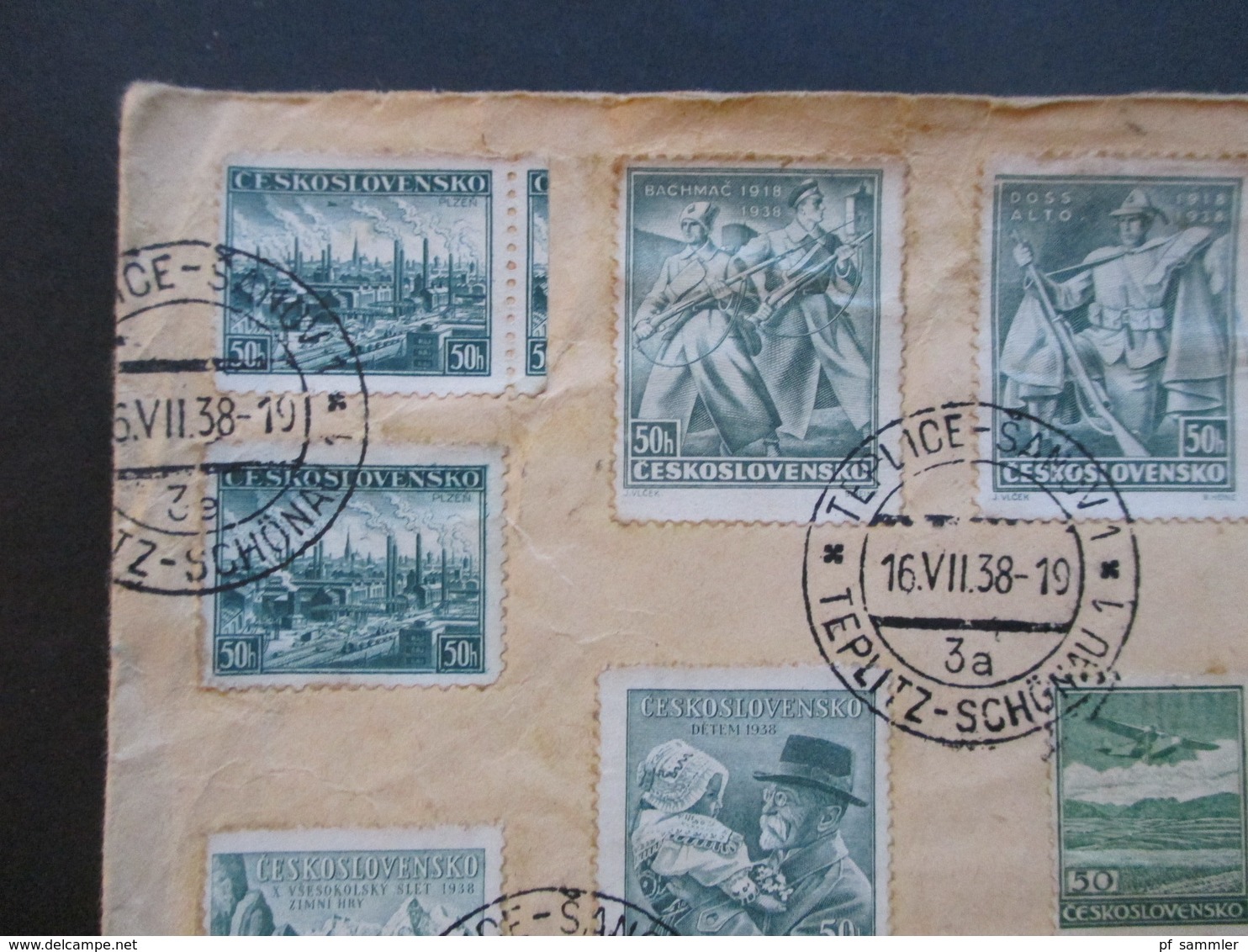 CSSR 1938 Beleg Mit 16 Marken Per Luftpost Letadlem Einschreiben Teplice Sanov 1 Nach Newport England - Covers & Documents