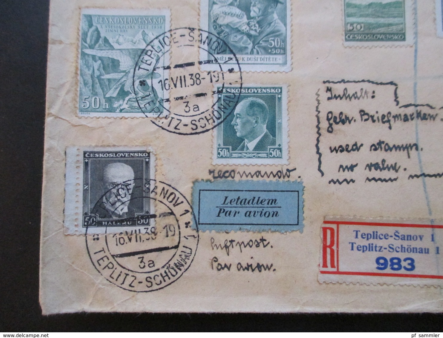 CSSR 1938 Beleg Mit 16 Marken Per Luftpost Letadlem Einschreiben Teplice Sanov 1 Nach Newport England - Storia Postale