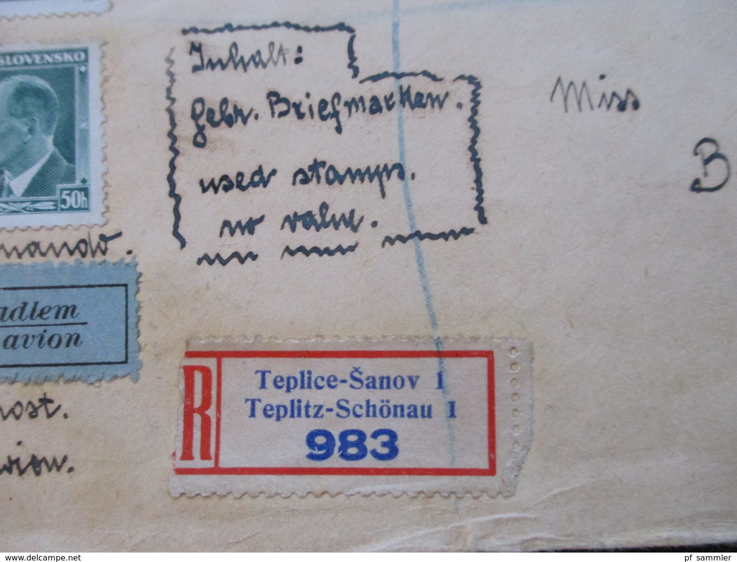 CSSR 1938 Beleg Mit 16 Marken Per Luftpost Letadlem Einschreiben Teplice Sanov 1 Nach Newport England - Briefe U. Dokumente