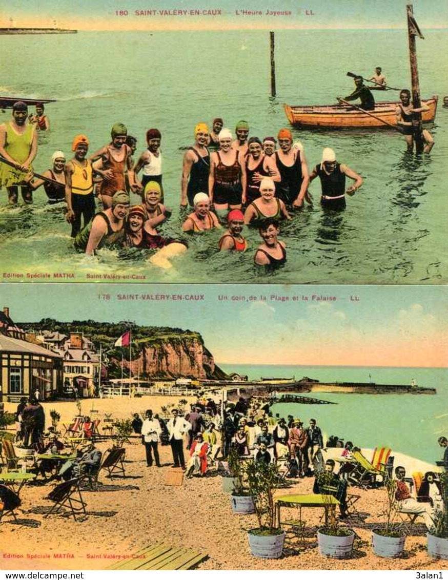 SAINT VALERY EN CAUX = L'heure Joyeuse , Un Coin De Plage  (2 Cpa Colorisées)  1121 - Saint Valery En Caux