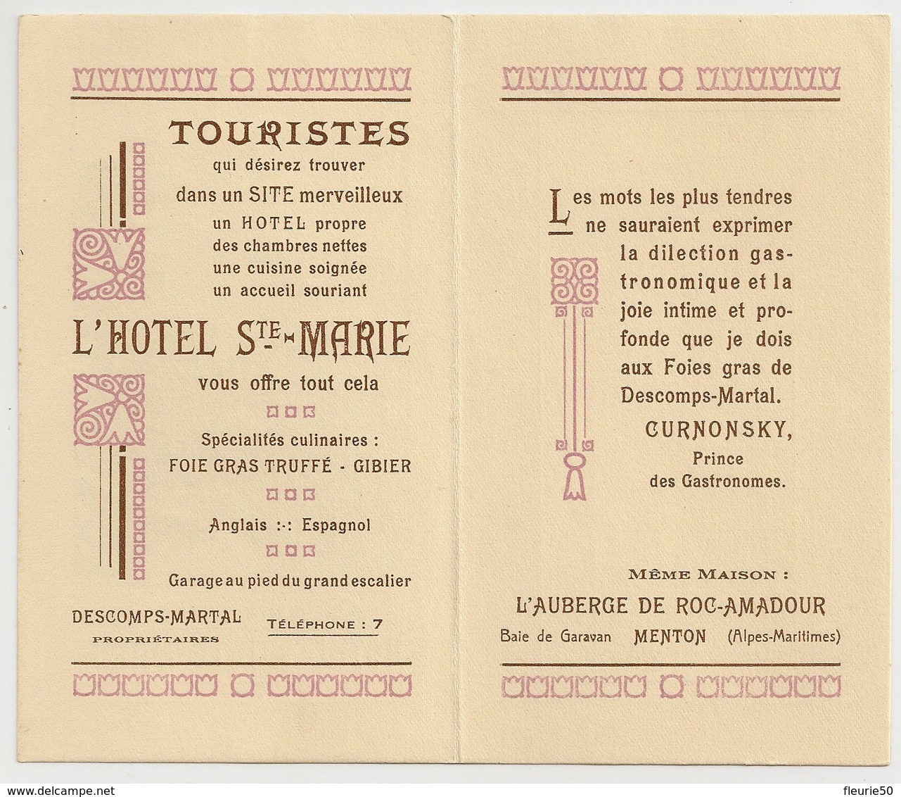 PUBLICITE - France: Hôtel Sainte-Marie  Rocamadour  Descomps-Martial Propriétaires, Téléphone :7 - Etiquettes D'hotels