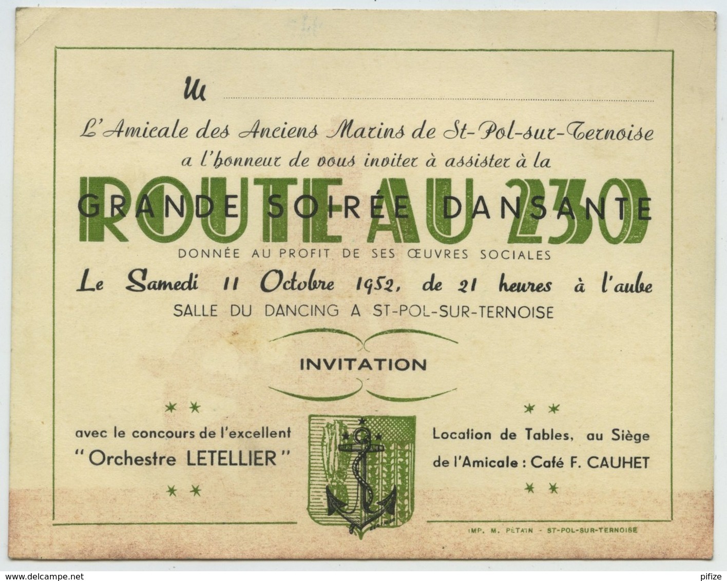 Invitation De L'Amicale Des Anciens Marins De St-Pol-sur-Ternoise . Soirée Dansante 1952 . Café F. Cauhet . - Other & Unclassified