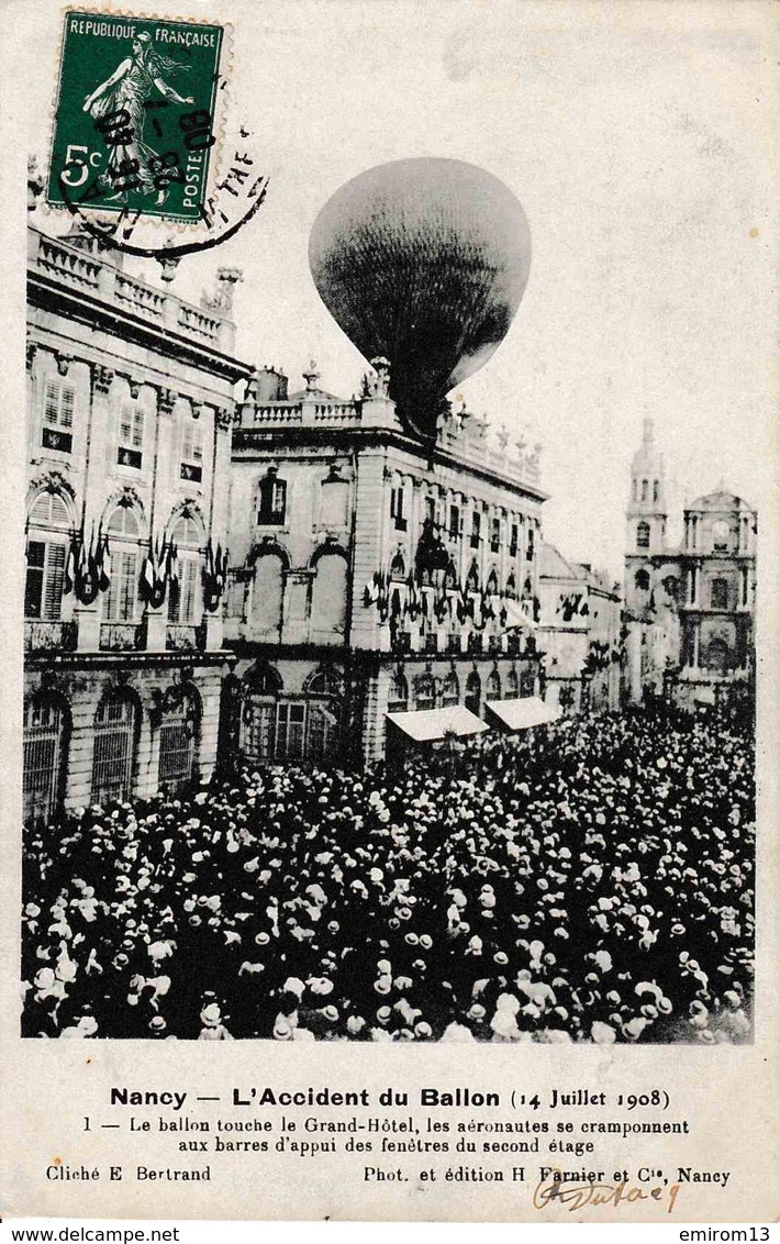 NANCY L’accident Du Ballon Sur Le Grand Hôtel Les Aéronautes Se Cramponnent 14 Juillet 1908 - Nancy