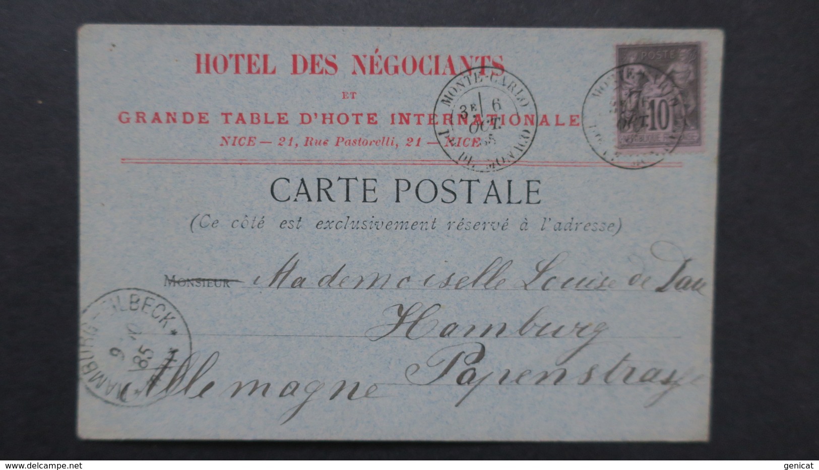 Monaco Type Sage Sur Carte Commerciale Hotel Des Négociants Monte Carlo 1885 Pour L' Allemagne TB - Covers & Documents