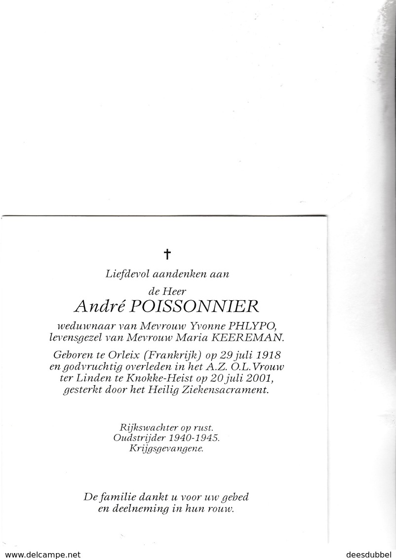 RIJKSWACHTER A.POISSONNIER °ORLEIX 1918 +KNOKKE-HEIST 2001 (Y.PHLYPO - M.KEEREMAN) - Devotieprenten