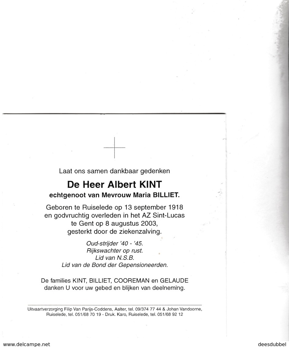 RIJKSWACHTER A.KINT °RUISELEDE 1918 +GENT 2003 (M.BILLET) - Images Religieuses