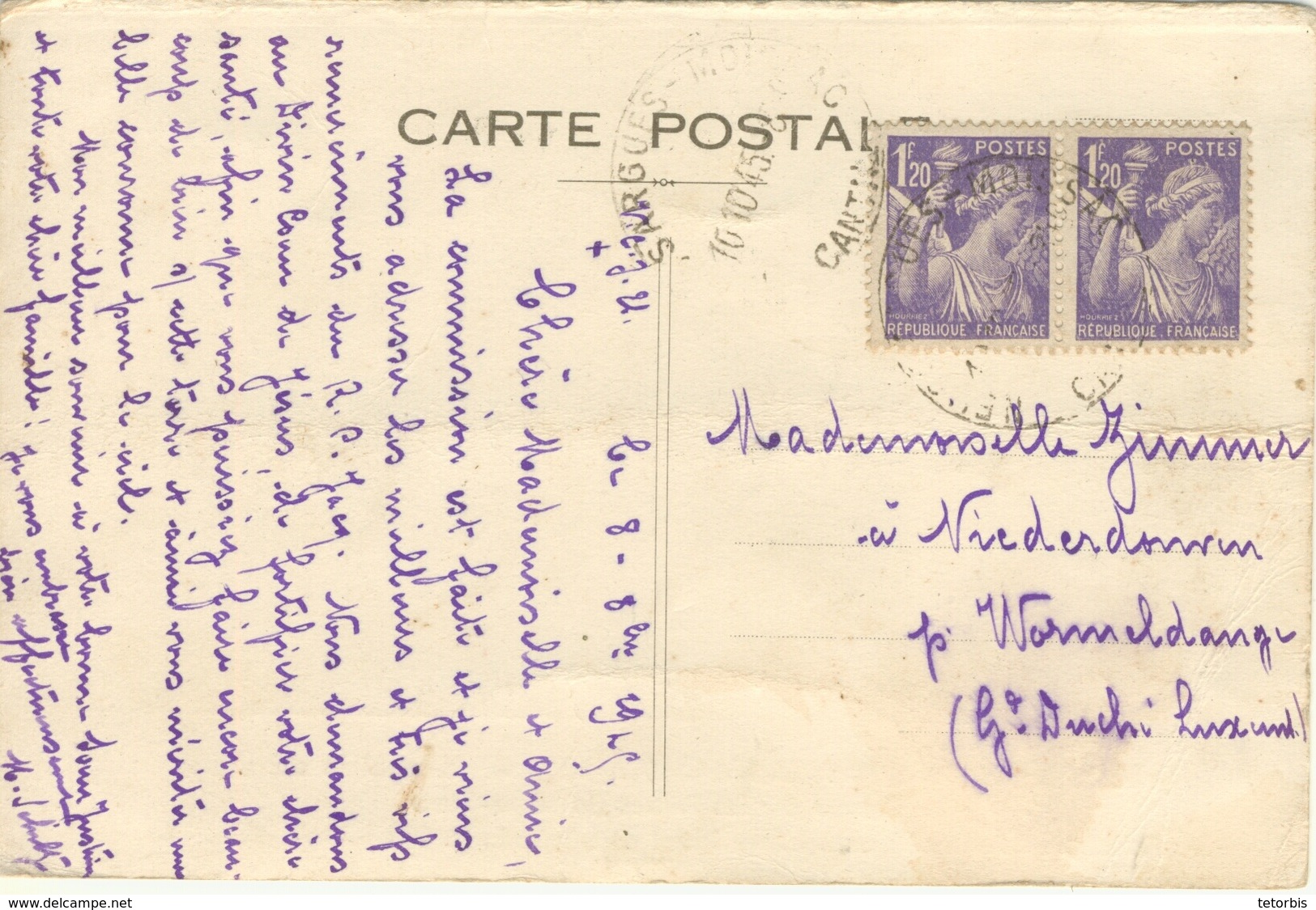 PAIRE 1.20F IRIS TARIF 2.40F ETRANGER CARTE POSTALE + DE 5 MOTS 10/10/45 - 1921-1960: Periodo Moderno