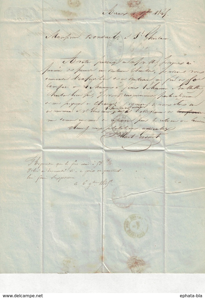 Pli De Arras => St-Ghislain (Grand Hornu). 4/11/1845. Marque De Passage France Par Quiévrain. Société Allart Godart - 1830-1849 (Belgique Indépendante)