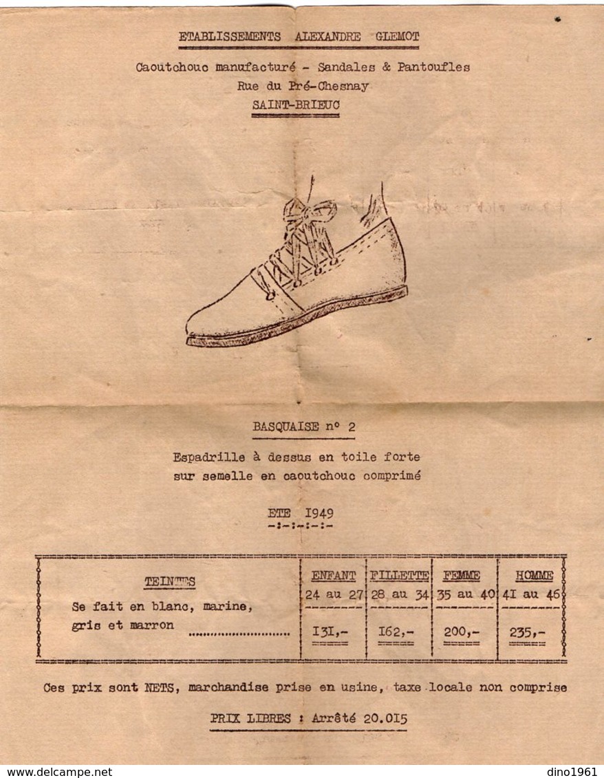 VP16.122 - 1949 - Publicité - Espadrille  ¨ BASQUAISE N° 2 ¨  Etablissements Alexandre GLEMOT à SAINT - BRIEUC - Pubblicitari