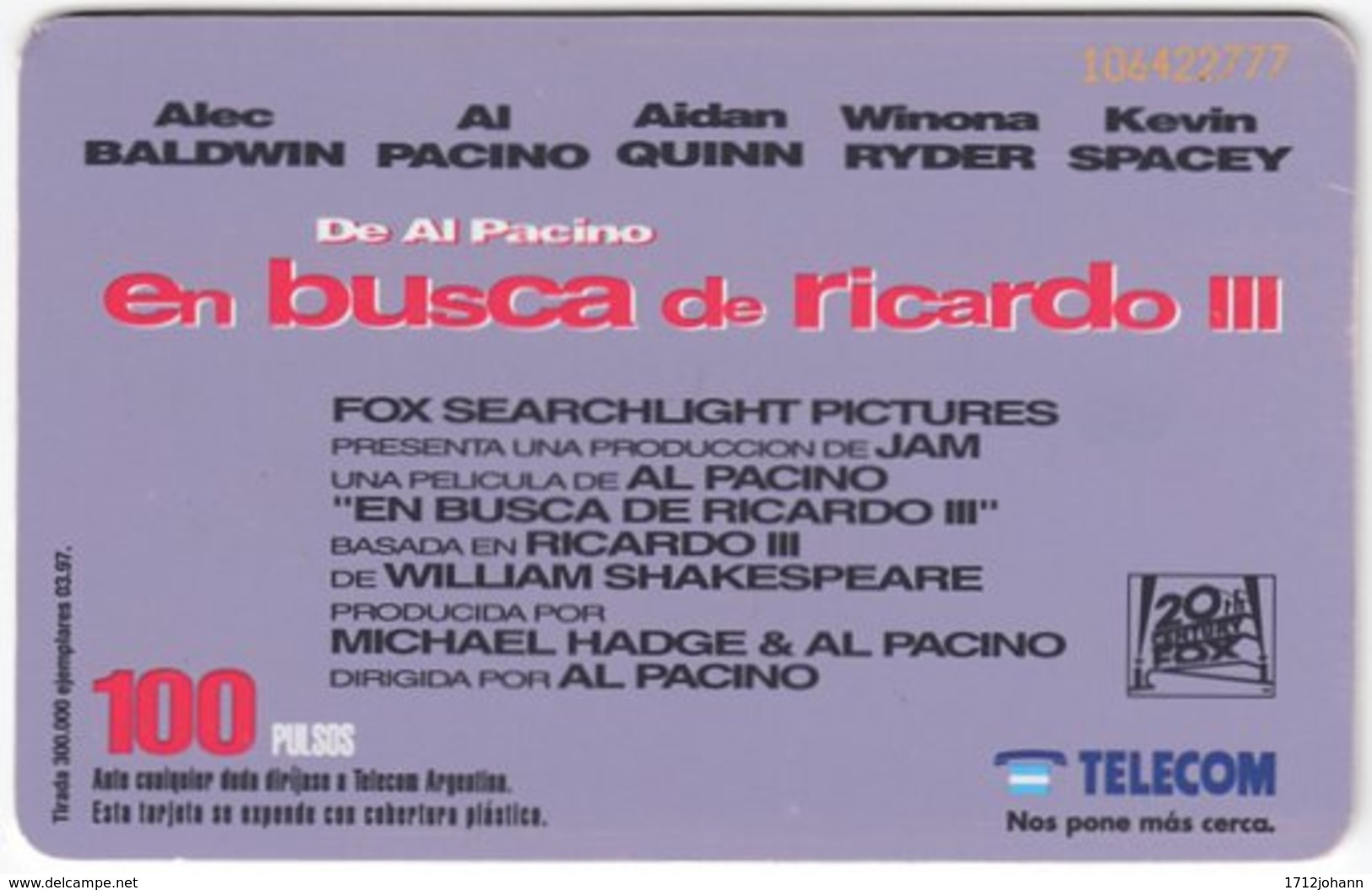 ARGENTINIA A-363 Chip Telecom - Cinema, Al Pacino's Looking For Richard - Used - Argentinien