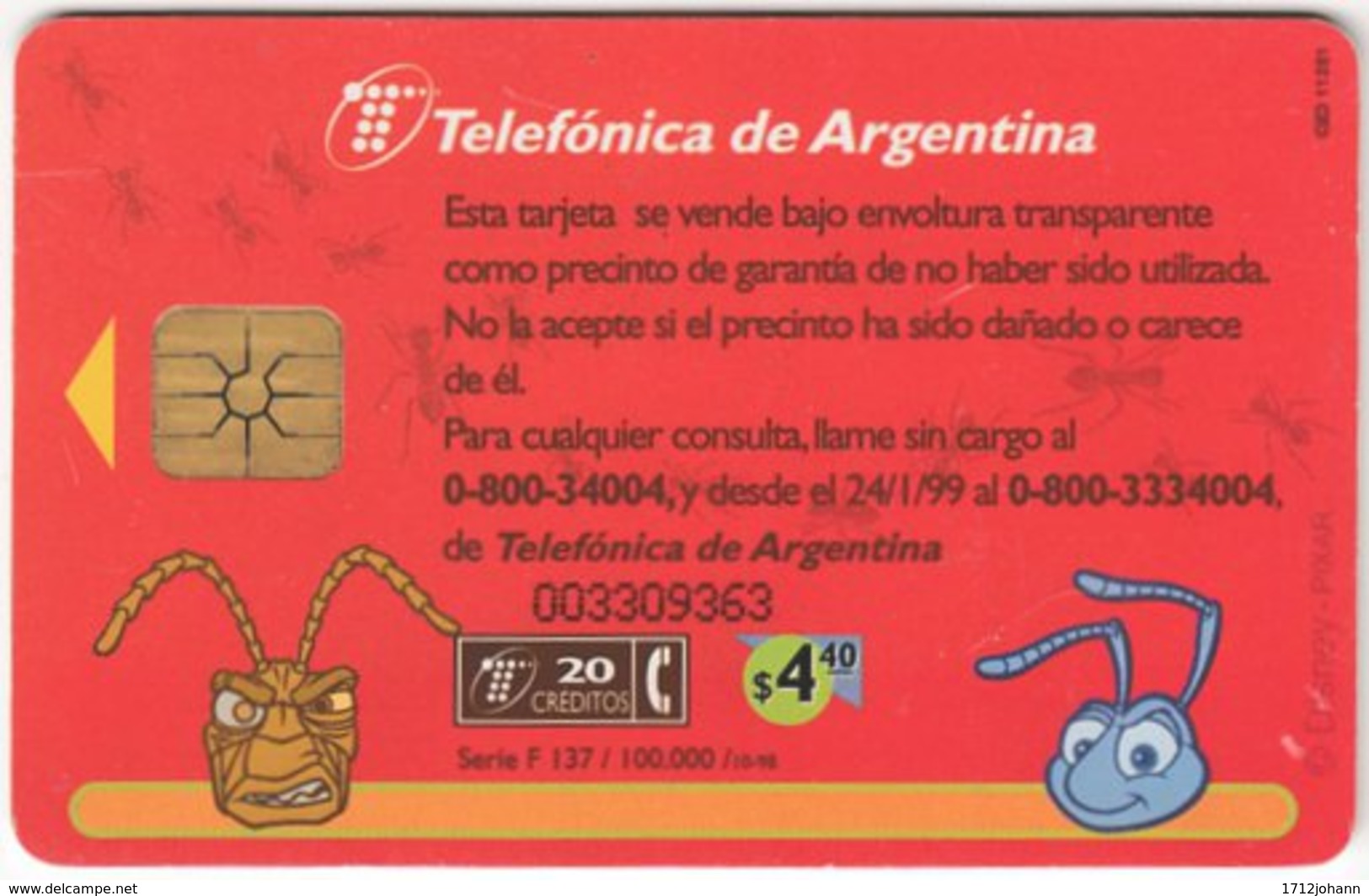 ARGENTINIA A-417 Chip Telefonica - Cinema, A Bug's Life - Used - Argentinien