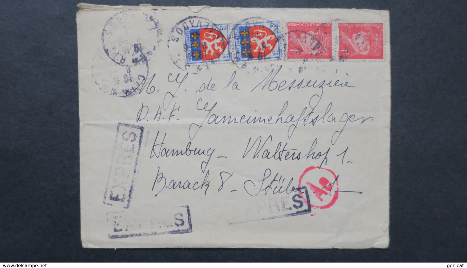 Lettre Express De Caen 1943 Pour Un Camp De Prisonniers A Hambourg Affranchissement A 12 Fr Petain Et Blasons - Guerre De 1939-45