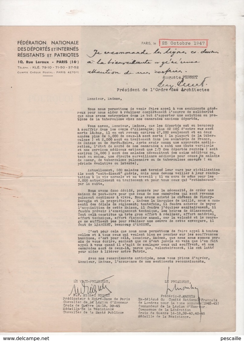 1947 FLEURY-MEROGIS LEVEE DE FONDS CREATION MAISON DE POST-CURE TUBERCULOSE - FEDERATION DEPORTES & INTERNES RESISTANTS - Historical Documents